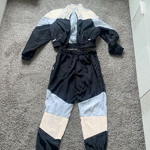 Two-piece reflective, black & gray track suit set